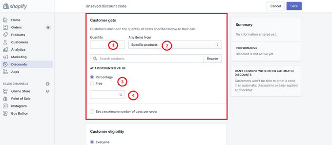 4 numbered circles showing the fields to complete for the "Customer gets" section on Shopify