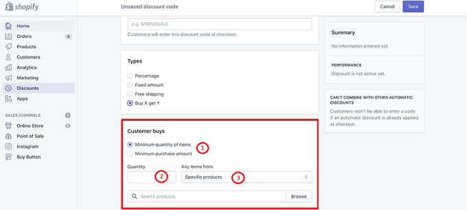3 numbered circles marking the settings to configure in the "Customer buys" section on Shopify