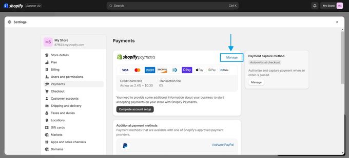 Screenshot of managing payments on a Shopify dashboard