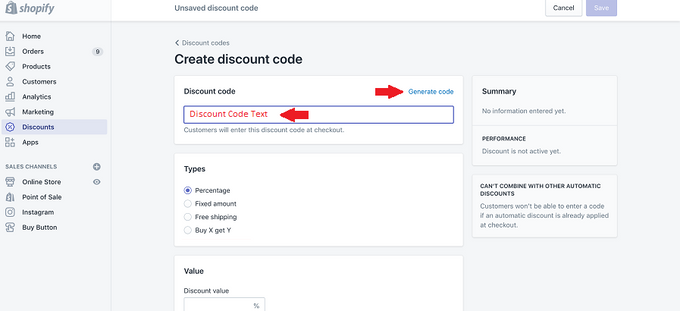 Red arrows pointing to "Discount code" field and "Generate code" sections on Shopify