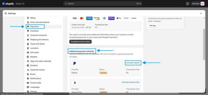 Screenshot showcasing how to add PayPal to a Shopify dashboard