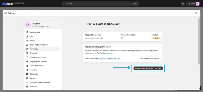 Screenshot of activating PayPal express checkout on a Shopify dashboard