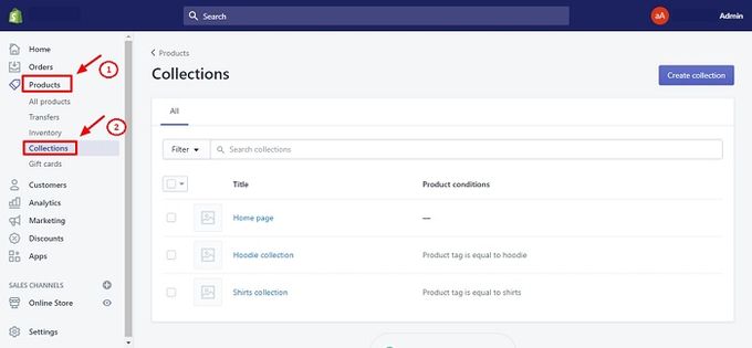Arrows pointing to the Products and Collections tabs on Shopify's admin dashboard