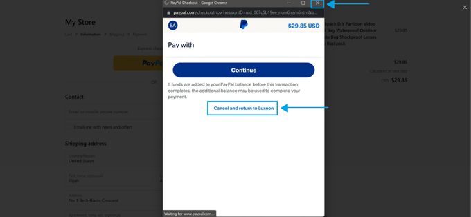 Screenshot of canceling a PayPal payment