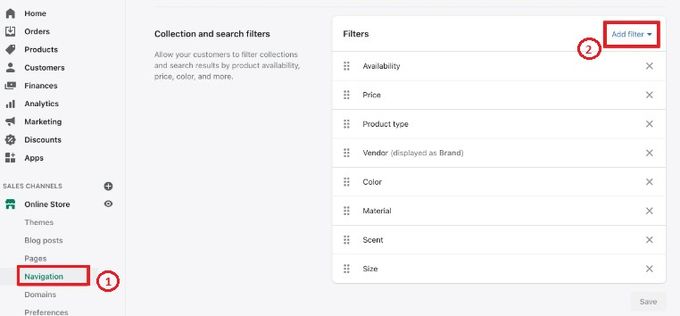 2 numbered rectangles highlighting product filters on Shopify's Navigation page