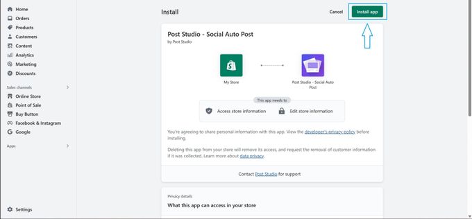 Screenshot of installing the Post Studio app in your Shopify admin
