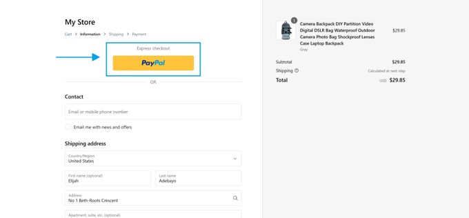 Screenshot of selecting PayPal as a payment option on a checkout page