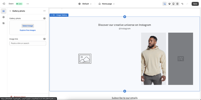 A screen shot of a web page with a picture of a man in a sweater displayed in a Shopify image gallery