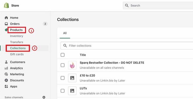 Shopify's admin dashboard with the Products and Collections tabs highlighted in red