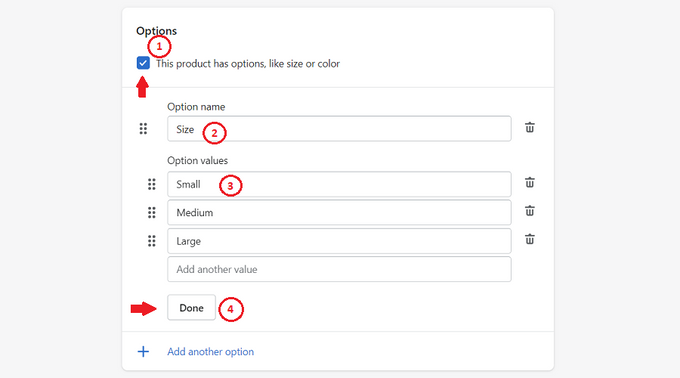 4 numbered circles pointing to different fields in the "Product Variant Options" on Shopify