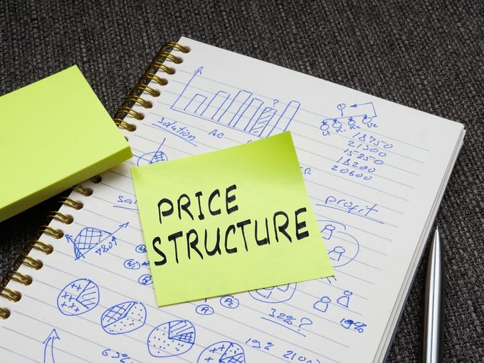 Notebook with calculations and doodles and sticky note that says "price structure"