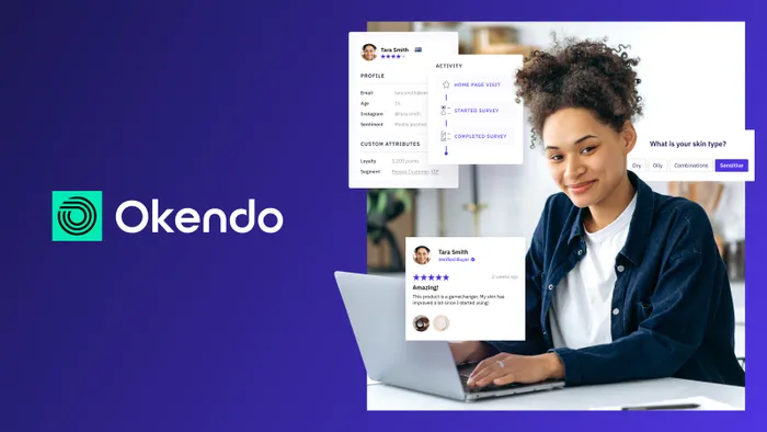 An Okendo review promotional image including the app's logo and a picture of a satisfied customer smiling